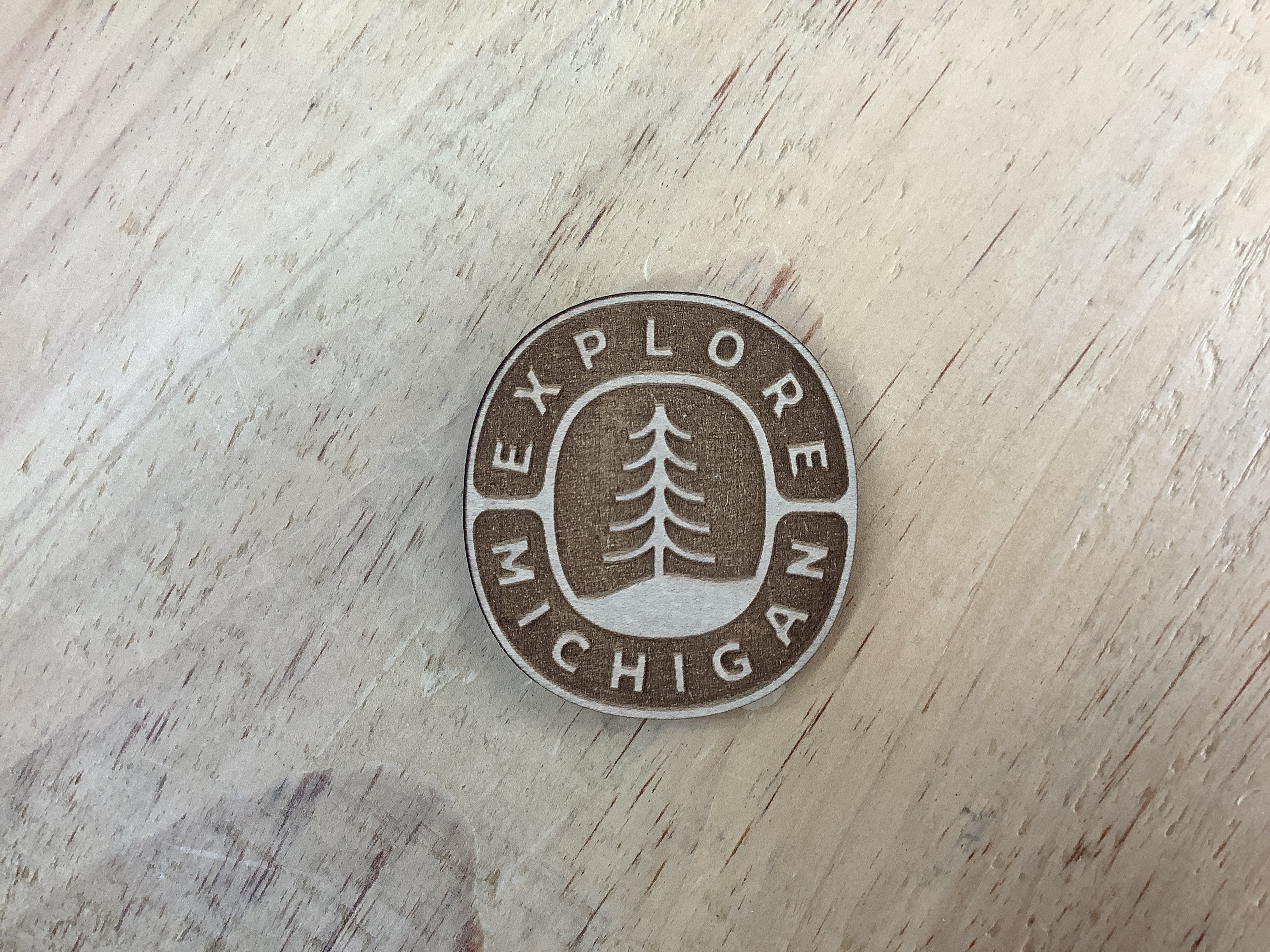 'Explore Michigan'  - Badge - Wooden Magnet
