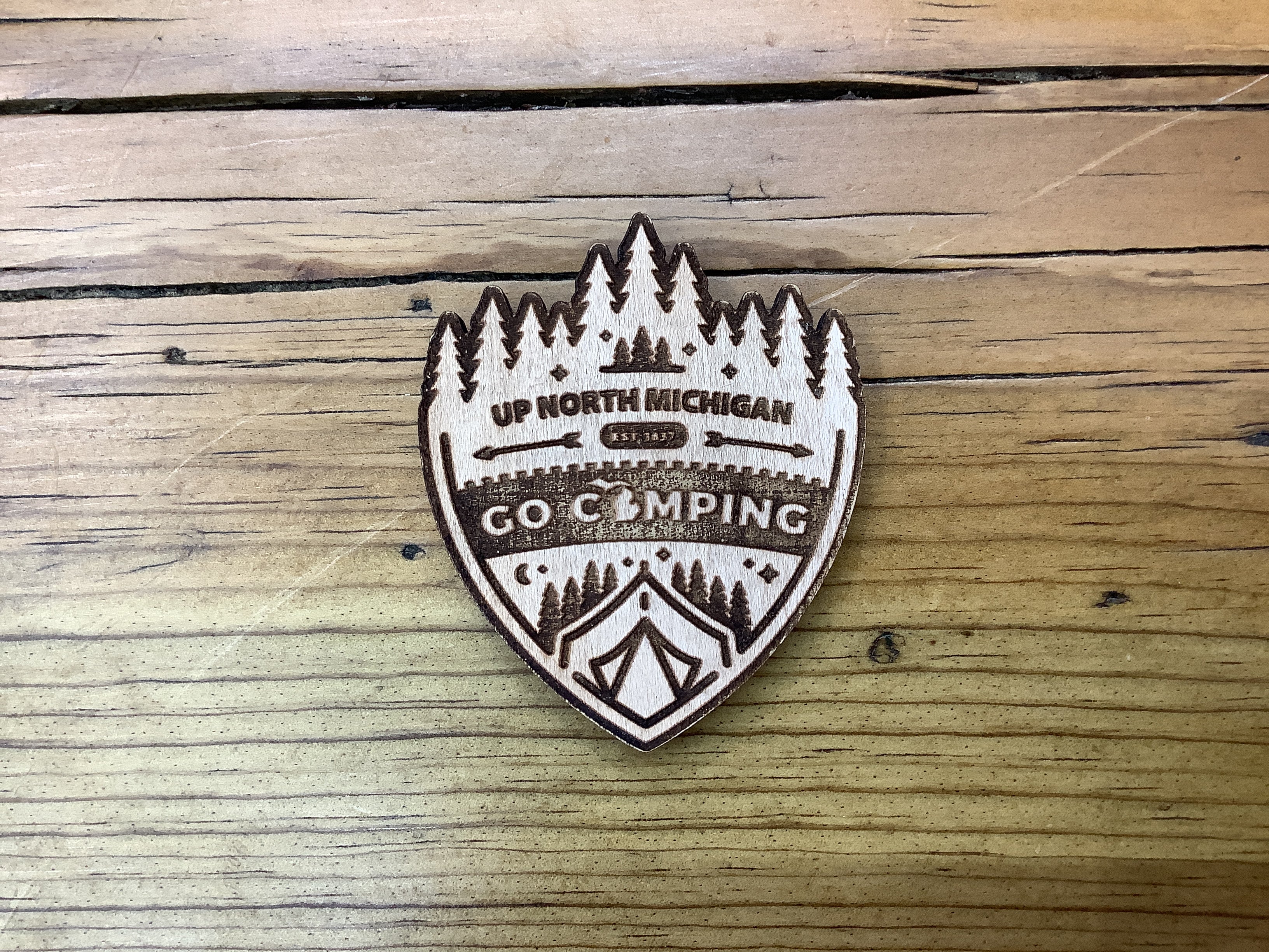 'Up North Michigan Go Camping'  - Badge - Wooden Magnet