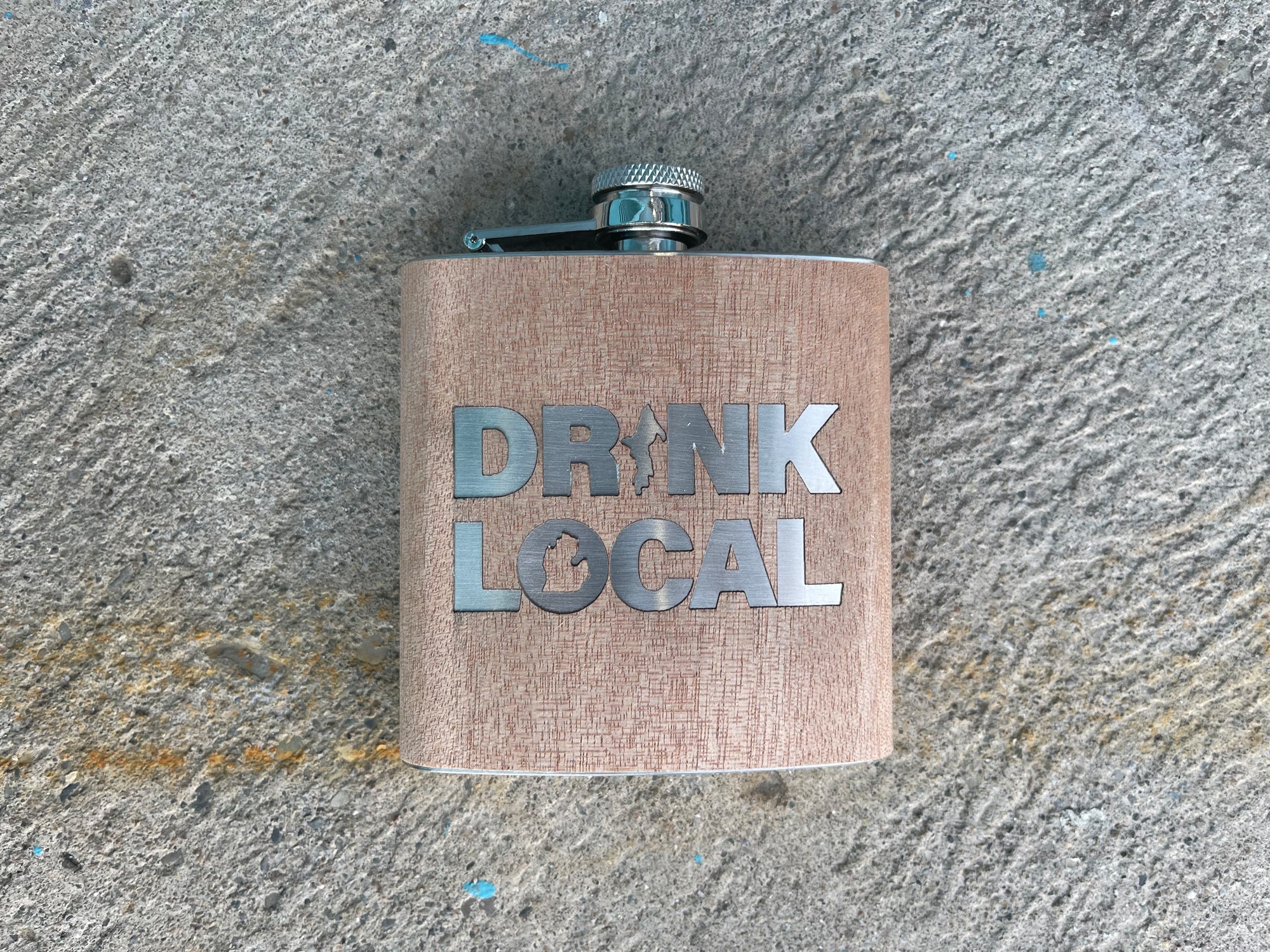 Drink Local - Word - Wooden Engraved - Flask