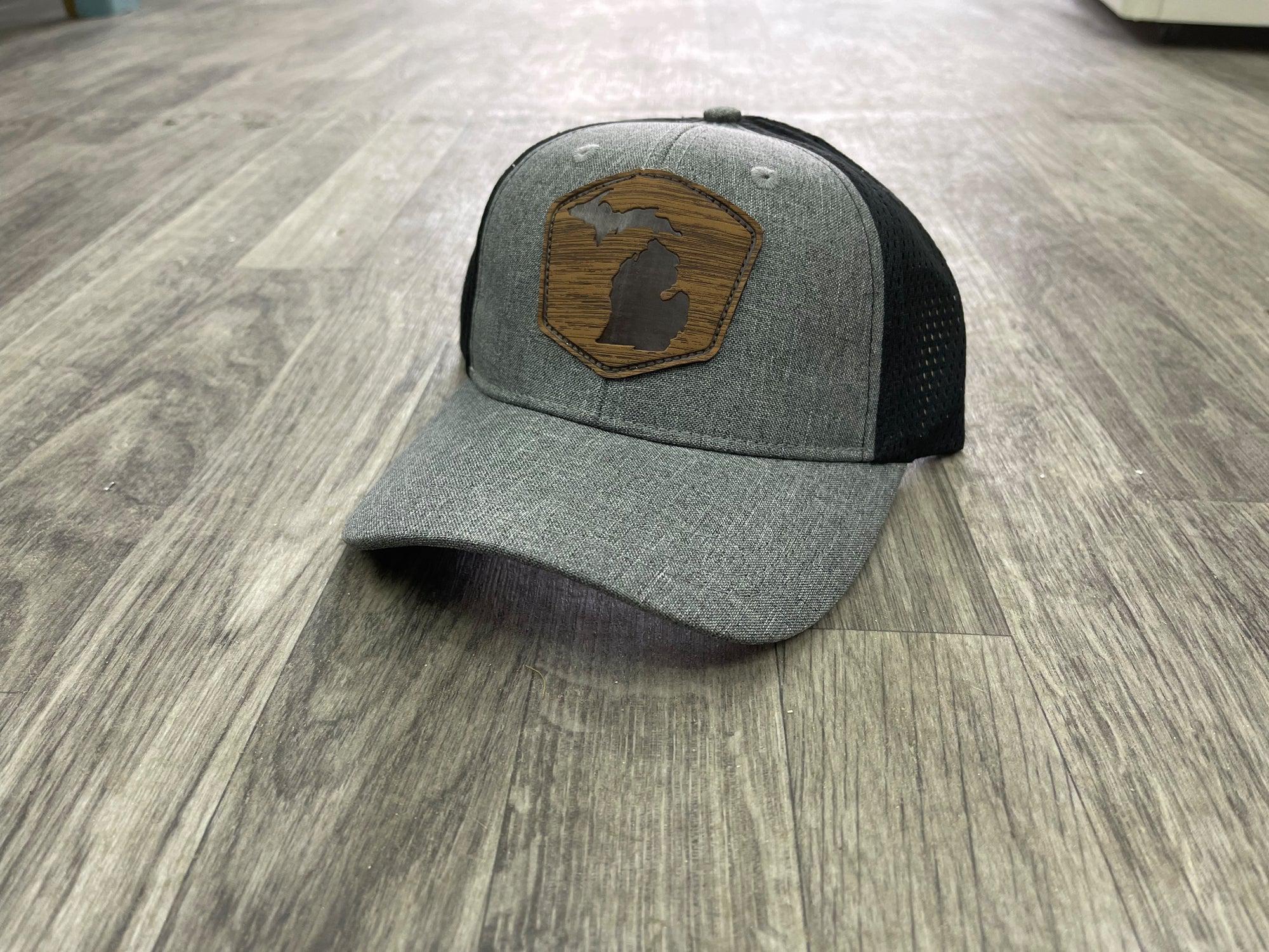Michigan - Heathered Gray - Wood Grain Leather Patch Hat