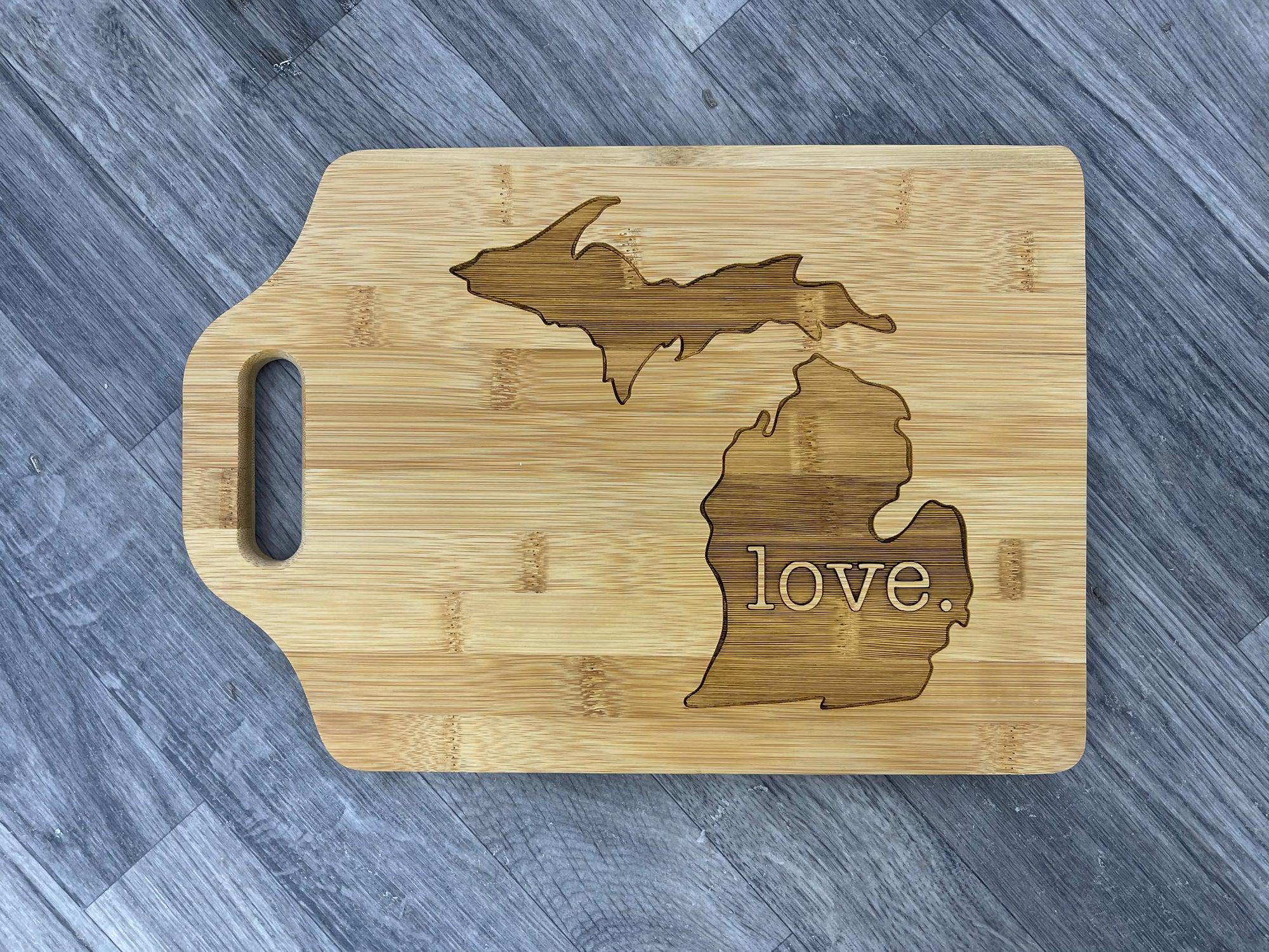 Love Michigan Medium Wooden Engraved Cutting Board