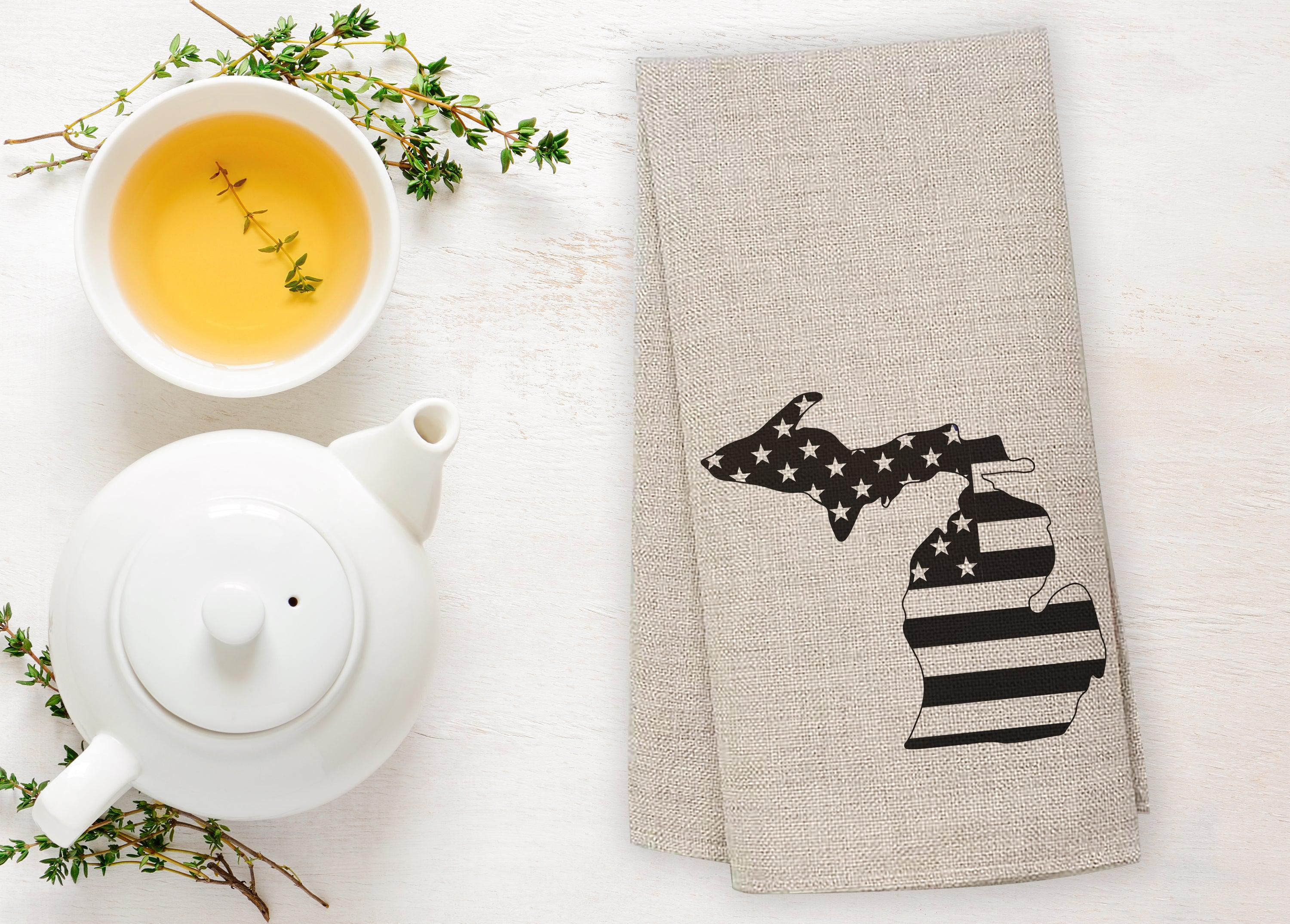 American Flag - Monochrome - Michigan - Tea Towel