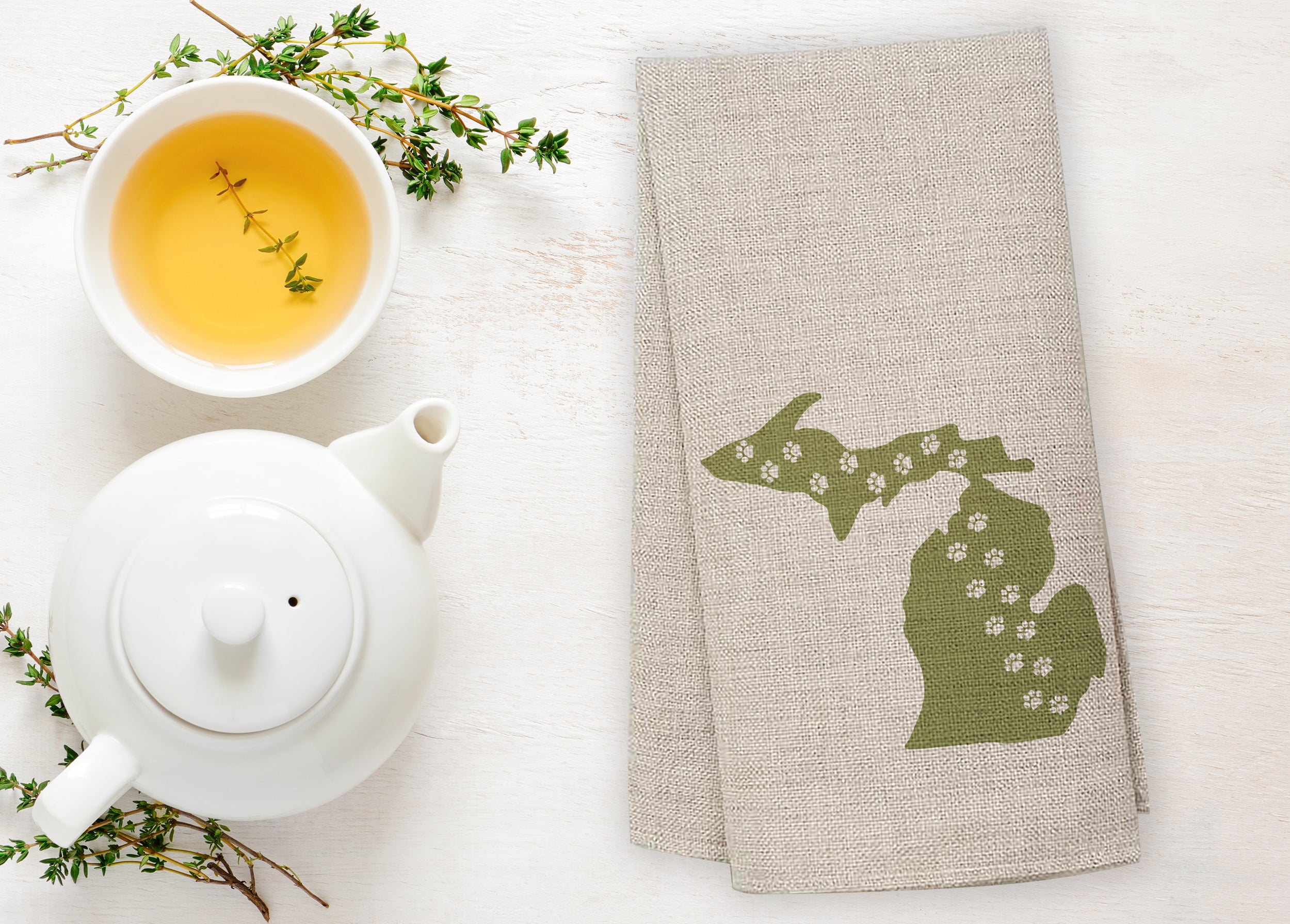 Paw Prints - Green - Michigan - Tea Towel