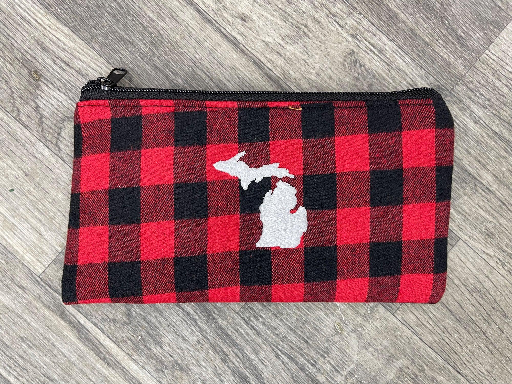 Michigan Embroidered Plaid Pouch